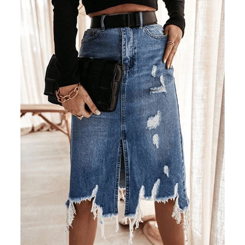Fam Fam XL Blue Distressed Denim Skirt Front Slit Raw Hem Jean Skirt